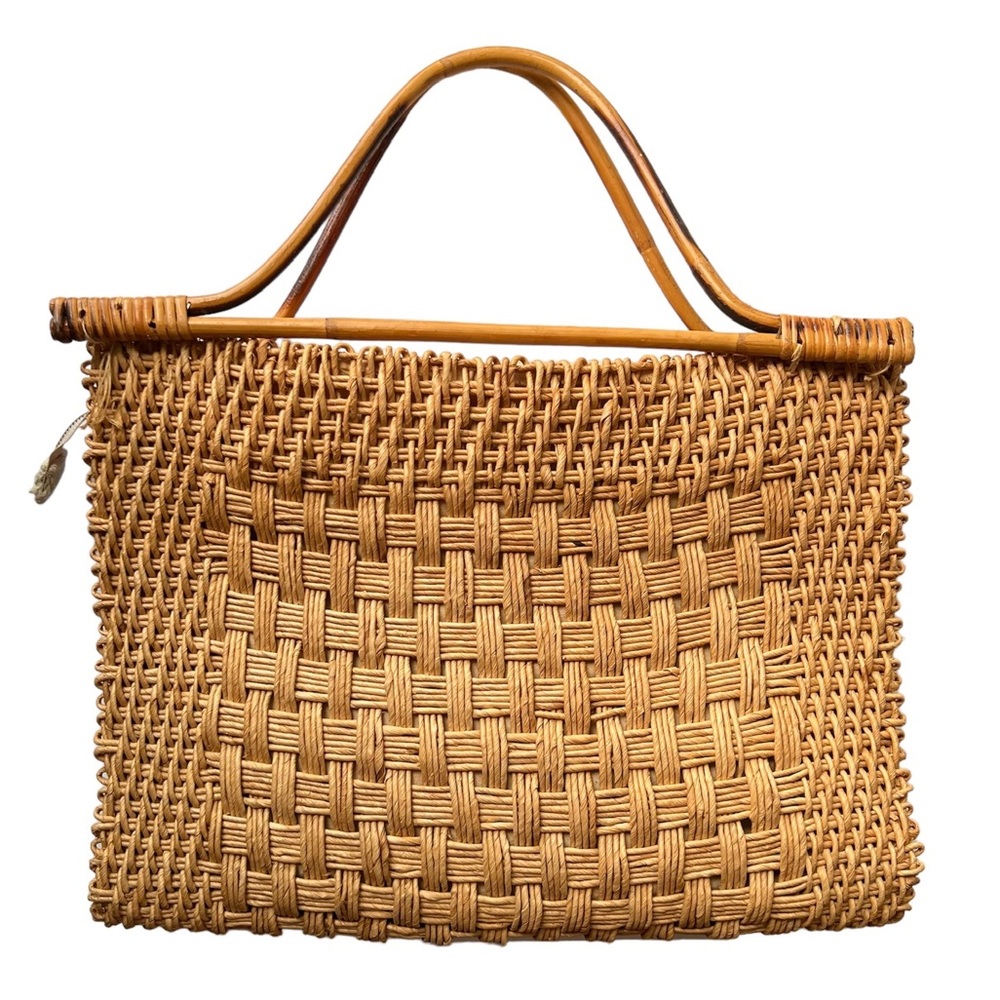 Epitome’ Made In Italy Woven Hand Bag With Wooden Handles Large Wicker Straw